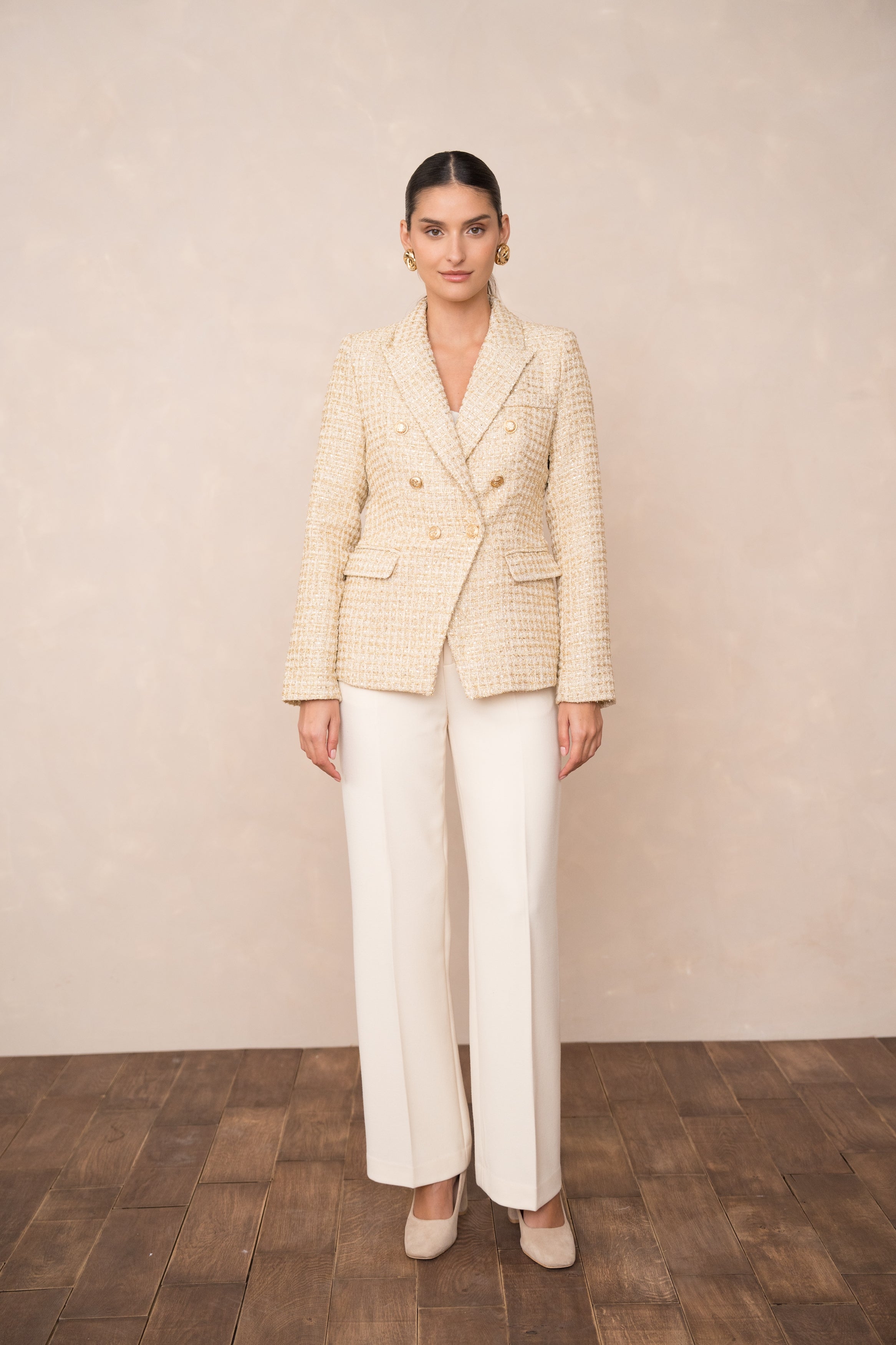 Veste blazer croisée en tweed doré & sequins