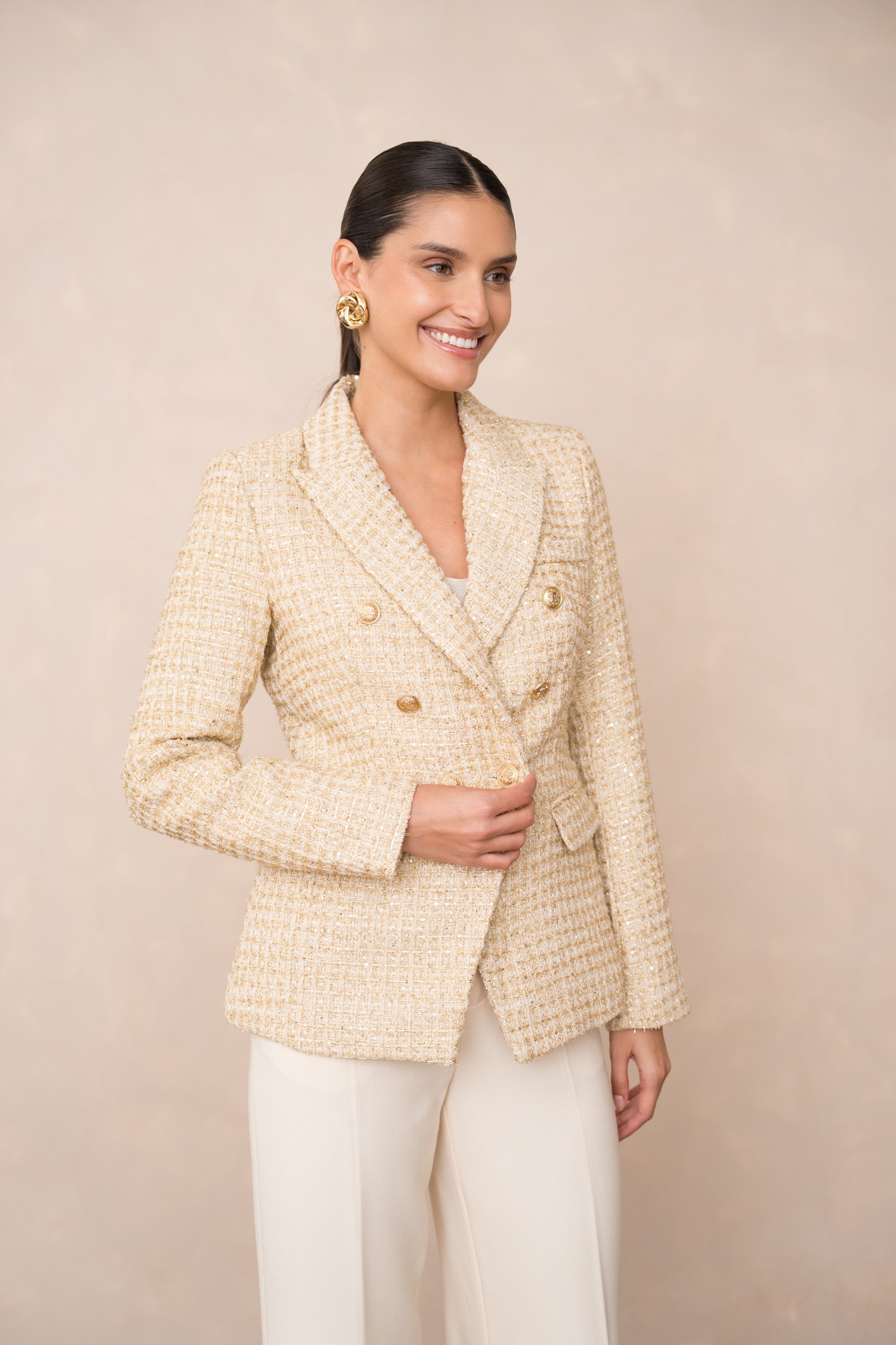 Veste blazer croisée en tweed doré & sequins