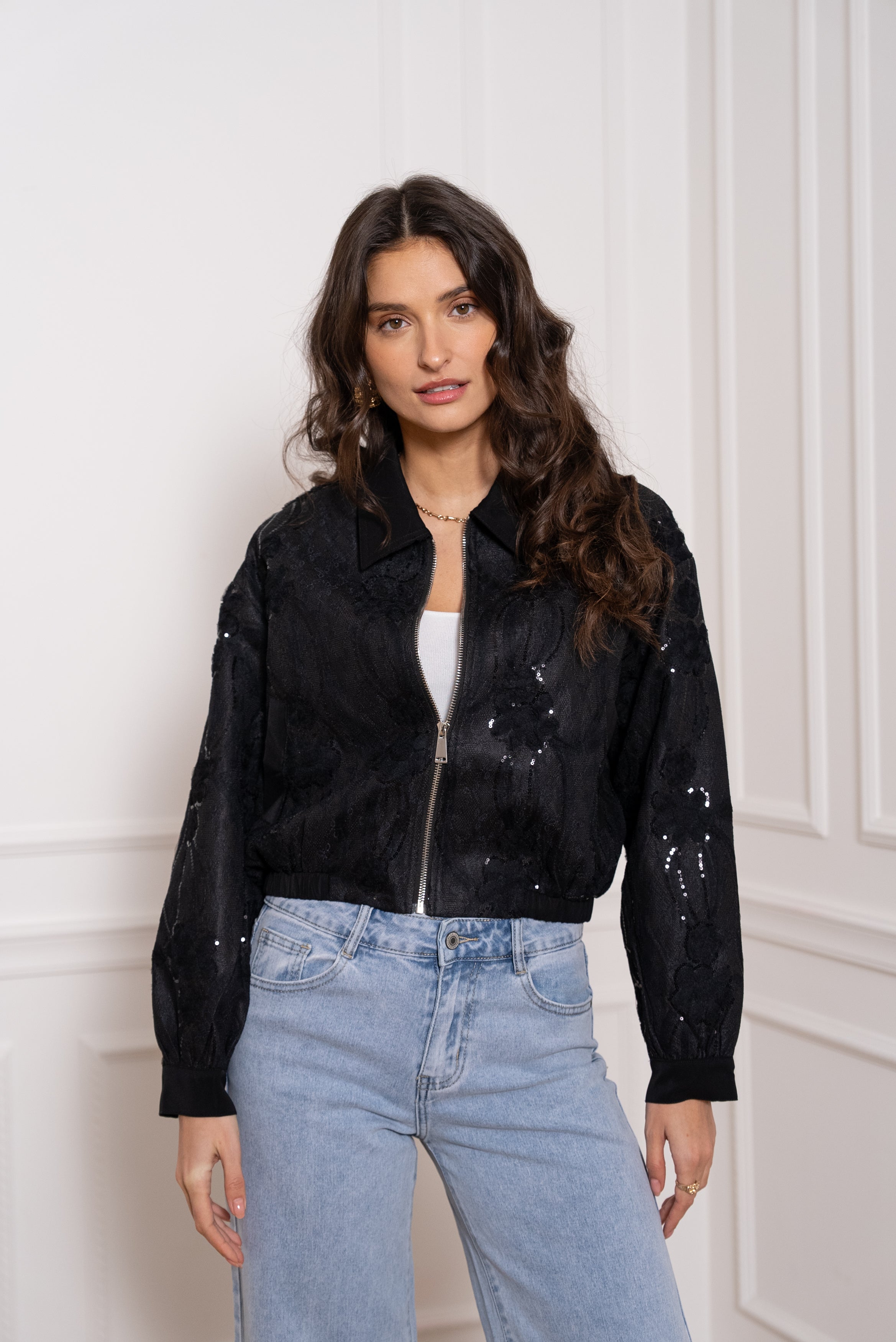 Veste courte zippée en dentelle à sequin