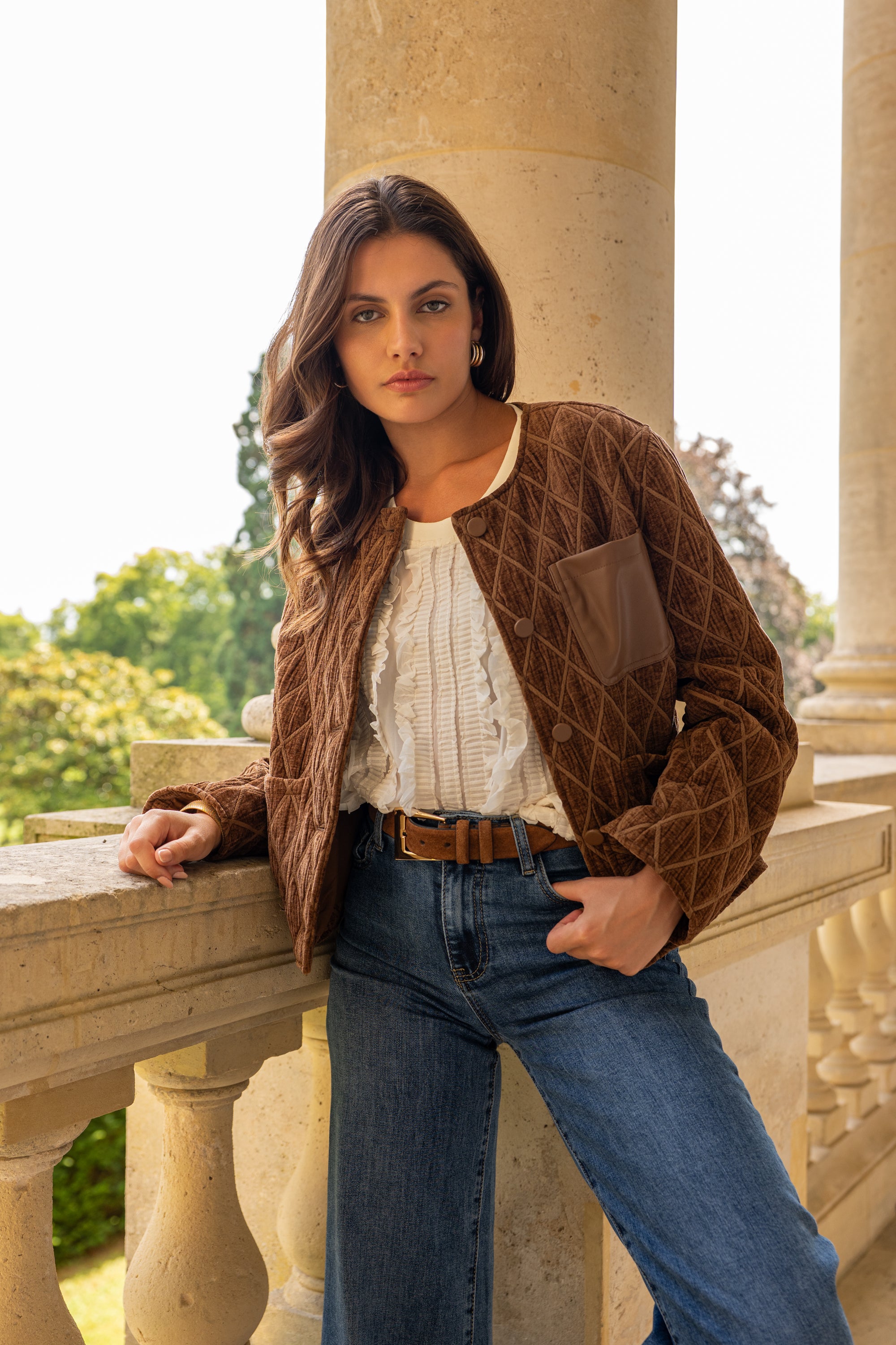 Veste Anouk en velours matelassé poche en cuir