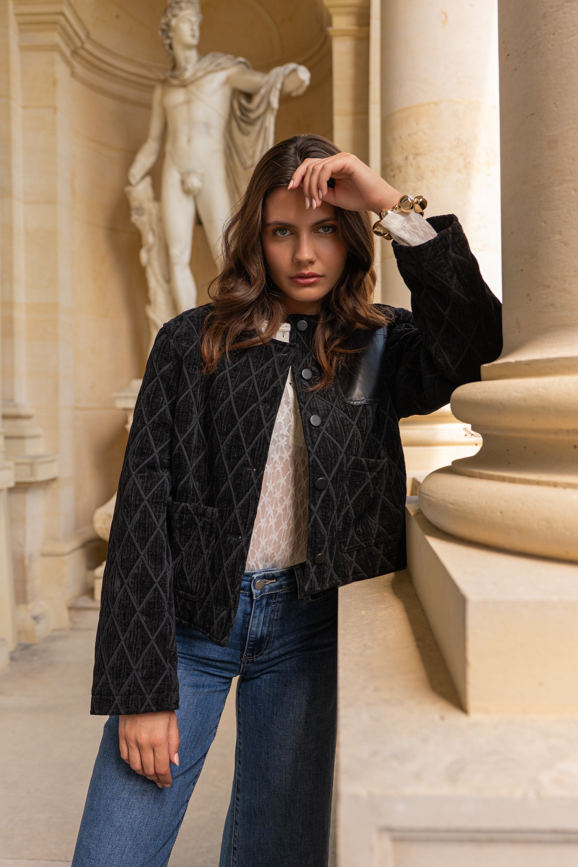 Veste Anouk en velours matelassé poche en cuir