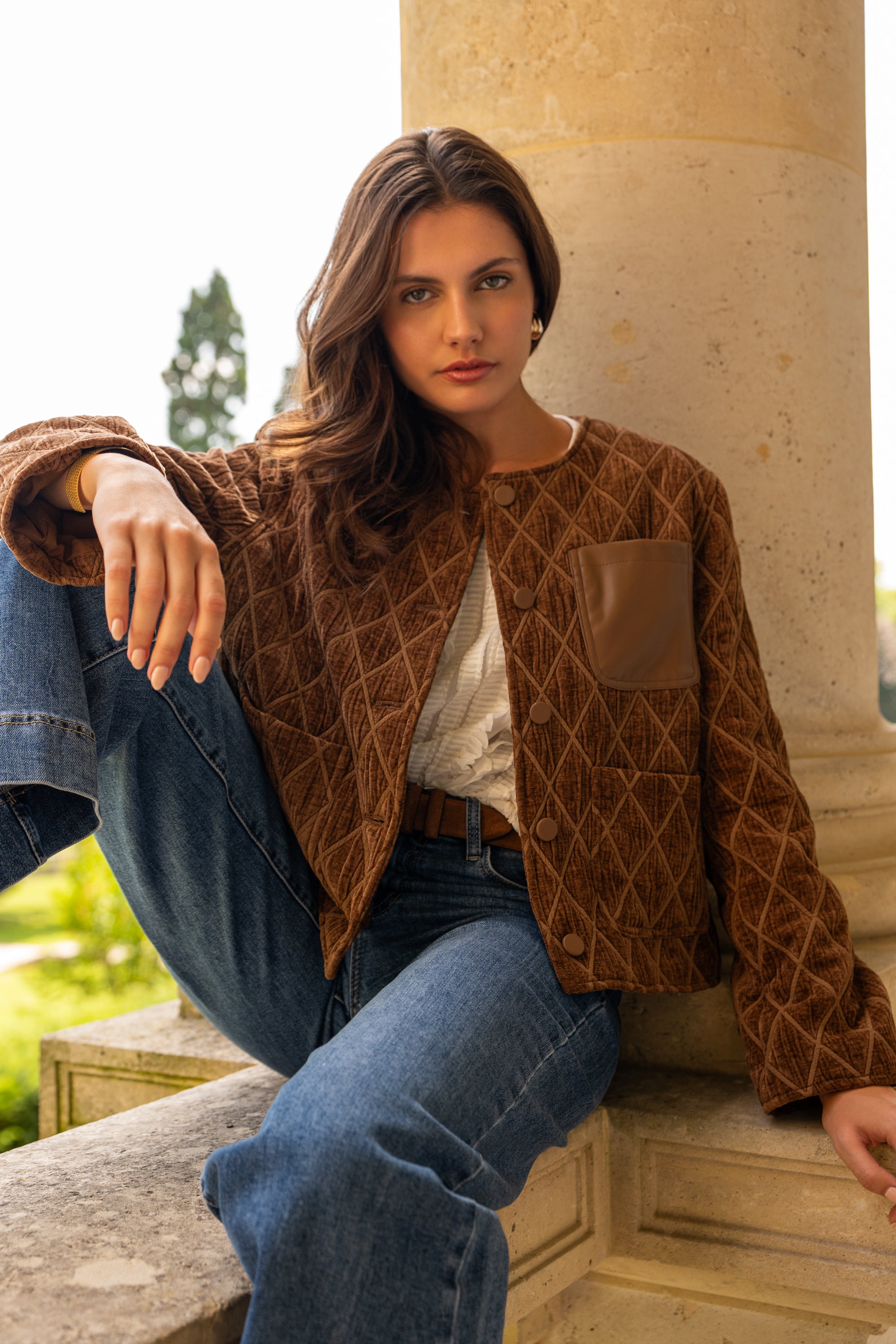 Veste Anouk en velours matelassé poche en cuir
