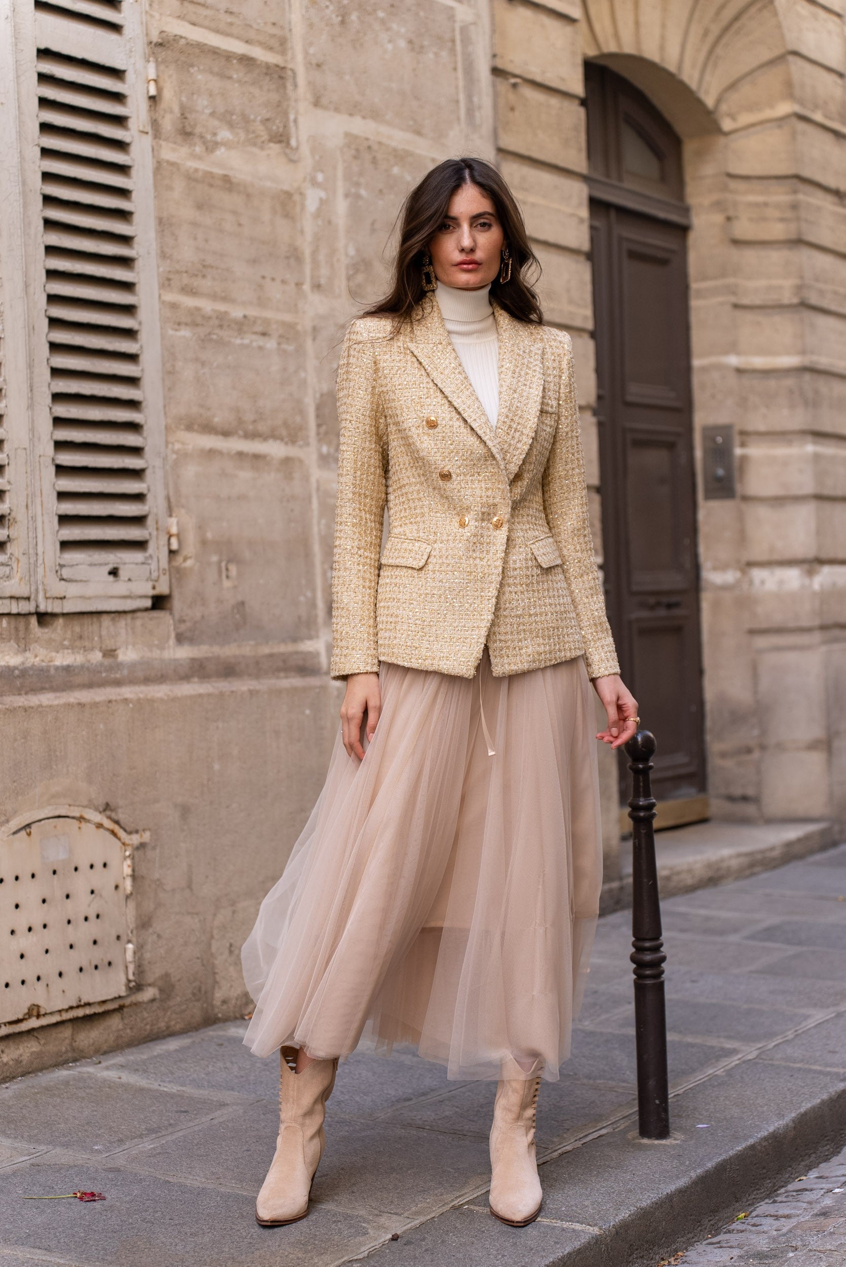 Veste blazer croisée en tweed doré & sequins