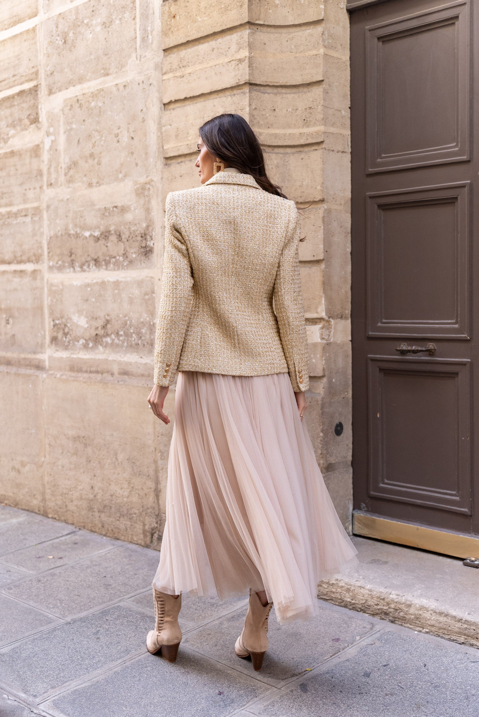 Veste blazer croisée en tweed doré & sequins