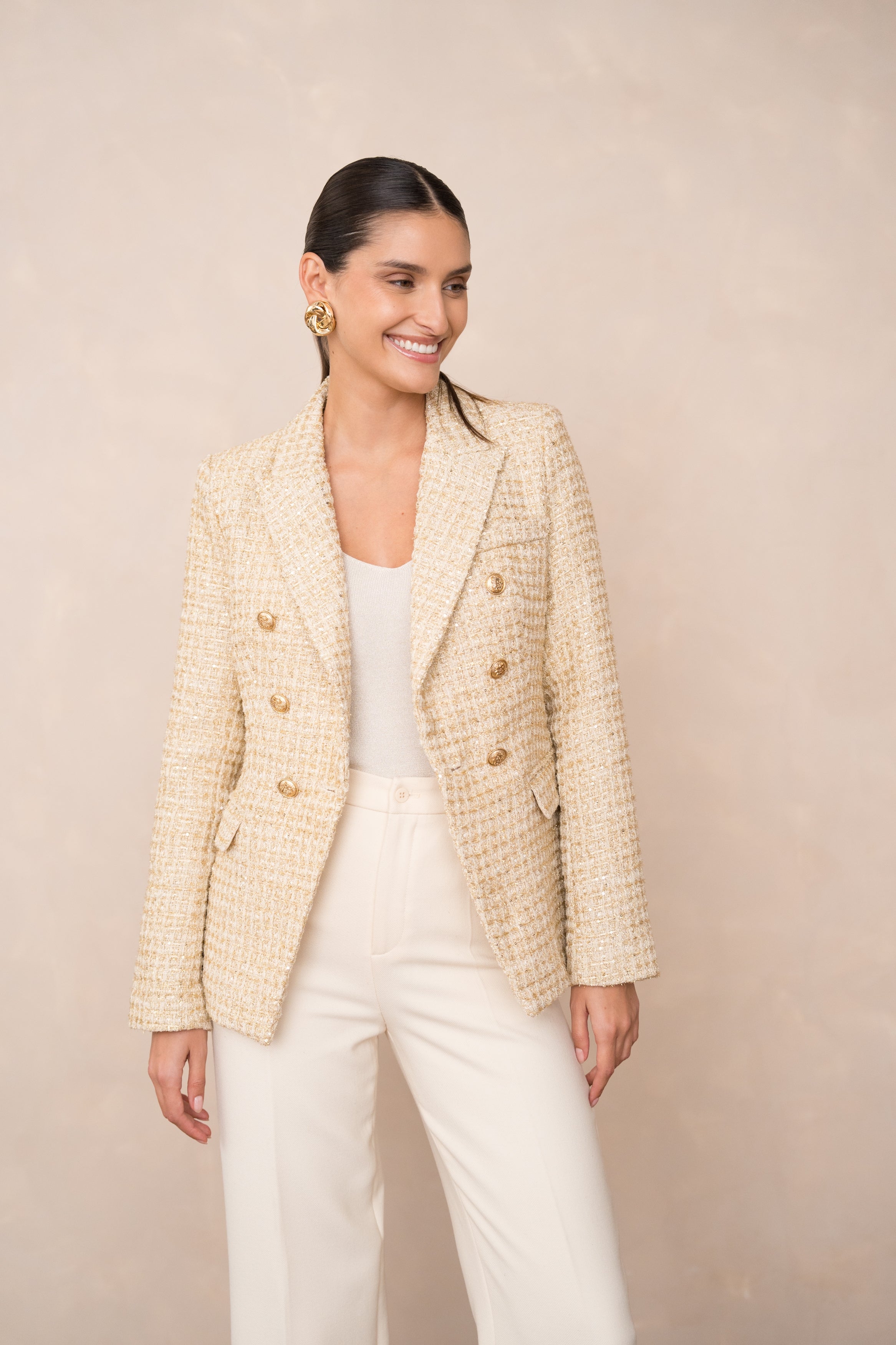 Veste blazer croisée en tweed doré & sequins