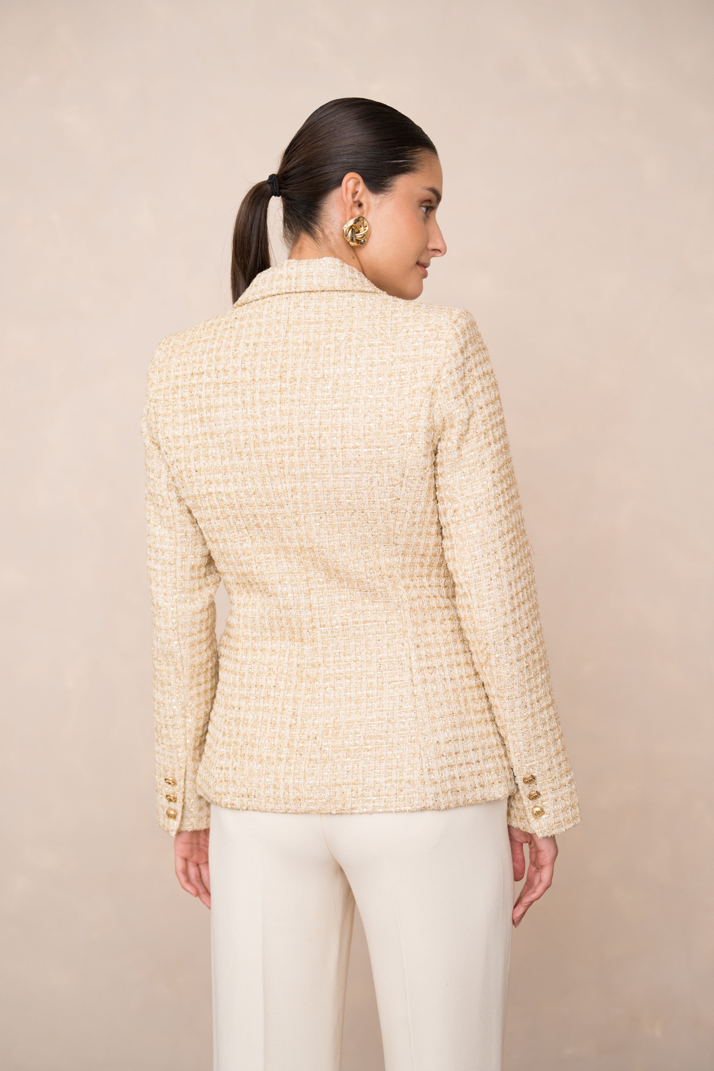 Veste blazer croisée en tweed doré & sequins